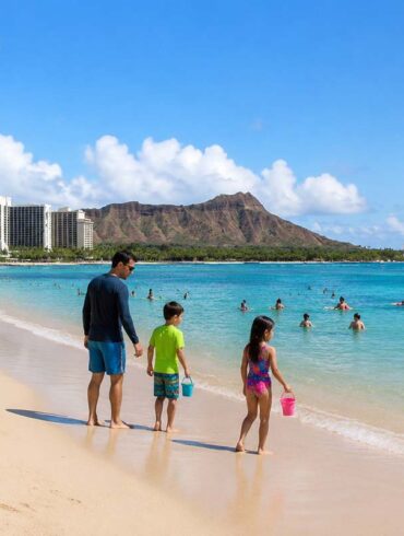 Family-friendly beach in Waikiki, Hawaii, with turquoise ocean, soft sandy shoreline, children building sandcastles, a parent walking with two kids along the water, swimmers in the calm sea, Diamond Head in the background, and high-rise resorts under a bright blue tropical sky.