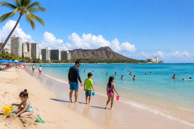 Family-friendly beach in Waikiki, Hawaii, with turquoise ocean, soft sandy shoreline, children building sandcastles, a parent walking with two kids along the water, swimmers in the calm sea, Diamond Head in the background, and high-rise resorts under a bright blue tropical sky.