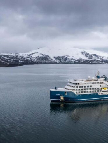 A luxury cruise ship crossing the International Date Line in Antarctica