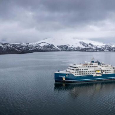 A luxury cruise ship crossing the International Date Line in Antarctica