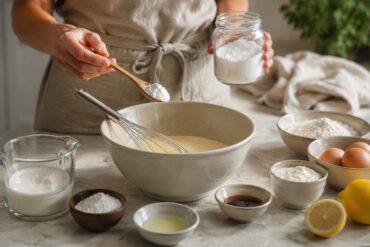 A home baker adds a spoonful of homemade baking powder substitute to a bowl of batter on a marble countertop. Nearby are common replacement ingredients including baking soda, lemon juice, yogurt, eggs, milk, flour, and molasses, illustrating practical baking powder alternatives in a bright, natural kitchen.