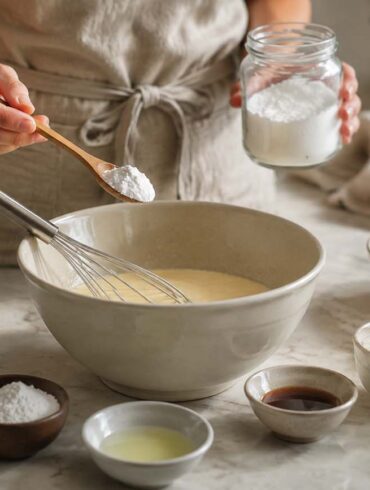 A home baker adds a spoonful of homemade baking powder substitute to a bowl of batter on a marble countertop. Nearby are common replacement ingredients including baking soda, lemon juice, yogurt, eggs, milk, flour, and molasses, illustrating practical baking powder alternatives in a bright, natural kitchen.