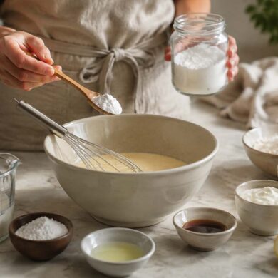 A home baker adds a spoonful of homemade baking powder substitute to a bowl of batter on a marble countertop. Nearby are common replacement ingredients including baking soda, lemon juice, yogurt, eggs, milk, flour, and molasses, illustrating practical baking powder alternatives in a bright, natural kitchen.