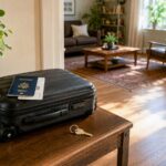 Black suitcase with a U.S. passport, boarding pass, and keys on a wooden table in a sunlit entryway, with a cozy living room visible through an open doorway.