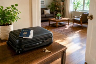 Black suitcase with a U.S. passport, boarding pass, and keys on a wooden table in a sunlit entryway, with a cozy living room visible through an open doorway.
