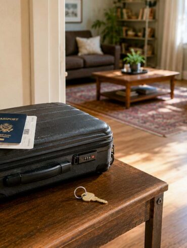 Black suitcase with a U.S. passport, boarding pass, and keys on a wooden table in a sunlit entryway, with a cozy living room visible through an open doorway.