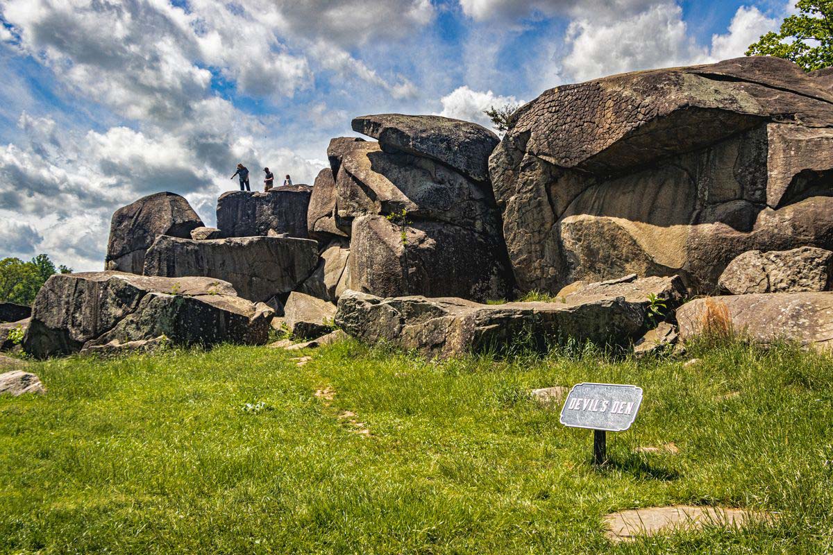 Devil's Den at the Gettysburg National Military Park. A key piece of battlefield terrain during fierce fighting on July 2, 1863, during the Battle of Gettysburg. The landmark consists of large igneous rock boulders, including a concave slab known as the "Devil's Bath"