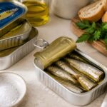 An open tin of sardines packed in oil sits on a light kitchen countertop beside stacked unopened cans, crusty bread, fresh parsley, coarse salt, lemon wedges, and a bottle of oil. The realistic editorial food scene illustrates canned sardines and proper pantry storage for a story about shelf life and food safety.