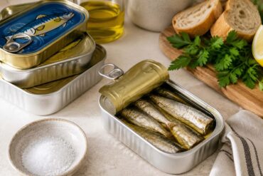 An open tin of sardines packed in oil sits on a light kitchen countertop beside stacked unopened cans, crusty bread, fresh parsley, coarse salt, lemon wedges, and a bottle of oil. The realistic editorial food scene illustrates canned sardines and proper pantry storage for a story about shelf life and food safety.