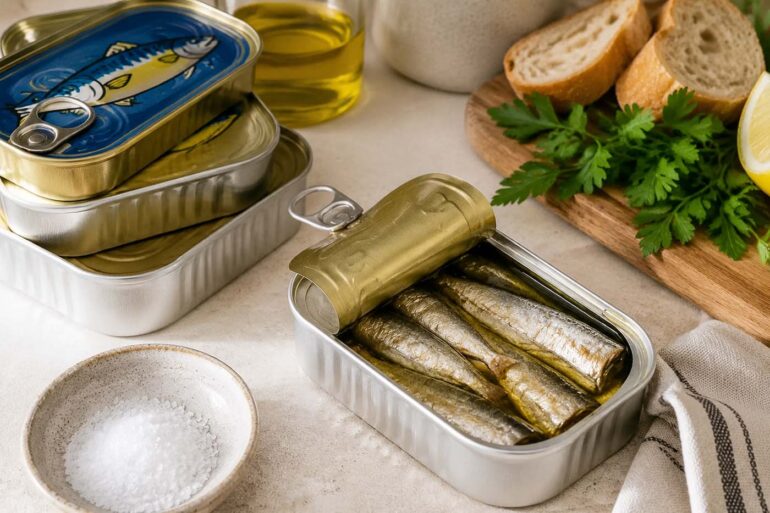 An open tin of sardines packed in oil sits on a light kitchen countertop beside stacked unopened cans, crusty bread, fresh parsley, coarse salt, lemon wedges, and a bottle of oil. The realistic editorial food scene illustrates canned sardines and proper pantry storage for a story about shelf life and food safety.