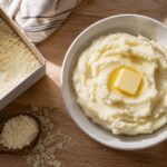 a white ceramic bowl of fluffy mashed potatoes with a pat of melting butter on top, next to an open box of instant potato flakes and a wooden spoon, on a light wood countertop.