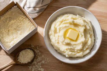a white ceramic bowl of fluffy mashed potatoes with a pat of melting butter on top, next to an open box of instant potato flakes and a wooden spoon, on a light wood countertop.