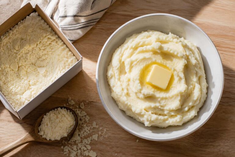 a white ceramic bowl of fluffy mashed potatoes with a pat of melting butter on top, next to an open box of instant potato flakes and a wooden spoon, on a light wood countertop.