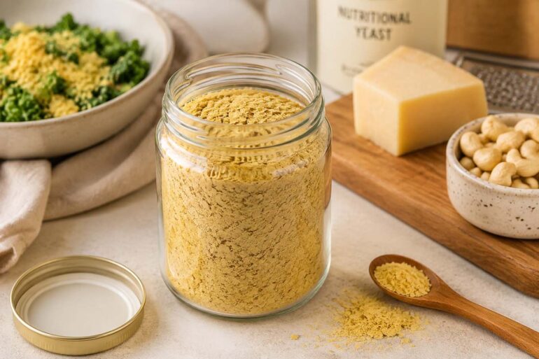 An open glass jar filled with golden nutritional yeast flakes sits on a bright kitchen countertop beside a small wooden spoon and scattered flakes. Softly blurred ingredients in the background, including a salad, cashews, and a wedge of cheese, create a realistic editorial food scene illustrating nutritional yeast and proper pantry storage.