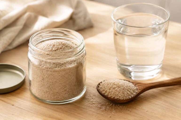 A small glass jar filled with pale beige psyllium husk sits open on a light wooden countertop, with a wooden spoon holding a small mound of psyllium husk beside it and a clear glass of water nearby.