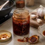 An open jar of chili crisp sits on a kitchen countertop beside a spoon, garlic, fresh ginger, chili oil, and cooking ingredients. The realistic food scene illustrates proper chili crisp storage and the difference between shelf-stable commercial chili crisp and homemade versions made with fresh garlic.