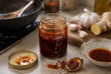 An open jar of chili crisp sits on a kitchen countertop beside a spoon, garlic, fresh ginger, chili oil, and cooking ingredients. The realistic food scene illustrates proper chili crisp storage and the difference between shelf-stable commercial chili crisp and homemade versions made with fresh garlic.
