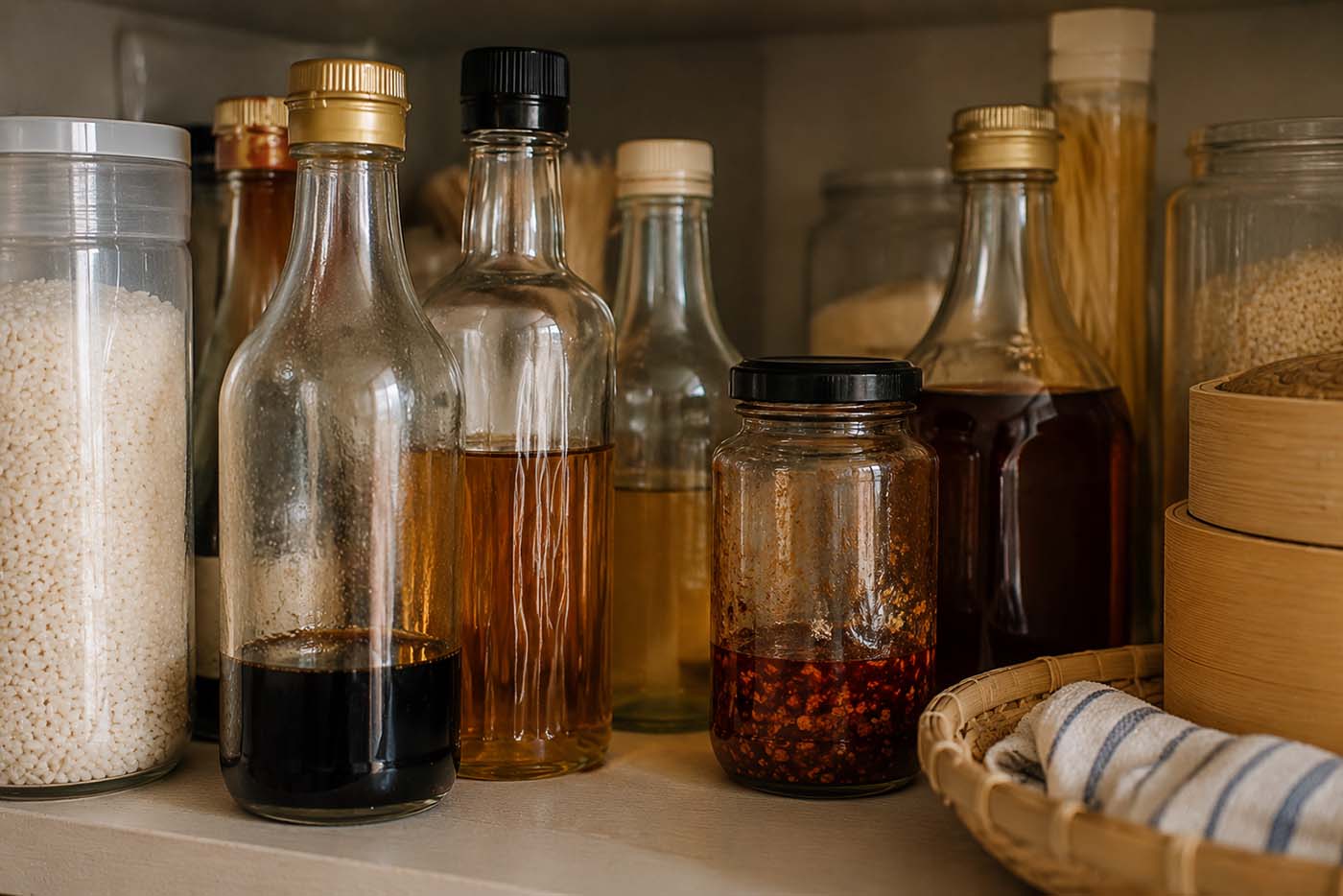 An organized pantry shelf holds partially used bottles of rice vinegar, soy sauce, sesame oil, and chili crisp alongside containers of rice, dried noodles, and bamboo steamers. The realistic kitchen scene illustrates common pantry staples and proper rice vinegar storage.