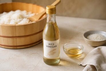 A bottle of rice vinegar sits beside a traditional wooden sushi rice tub filled with freshly cooked rice, with a small bowl of rice vinegar and a wooden rice paddle nearby. The bright, minimalist food scene highlights rice vinegar as a key ingredient for seasoning sushi rice.