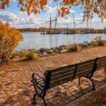 Historic Chestertown Waterfront. Autumn waterfront scene with a wooden bench overlooking a marina, calm water, sailboats, and colorful fall foliage beneath a bright blue sky.