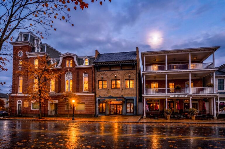 Historic Chestertown Maryland in a spooky fall setting with a dark sky and dramatic lighting.