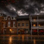 Historic Chestertown Maryland in a spooky fall setting with a dark sky and dramatic lighting.