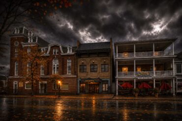 Historic Chestertown Maryland in a spooky fall setting with a dark sky and dramatic lighting.