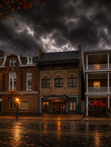 Historic Chestertown Maryland in a spooky fall setting with a dark sky and dramatic lighting.