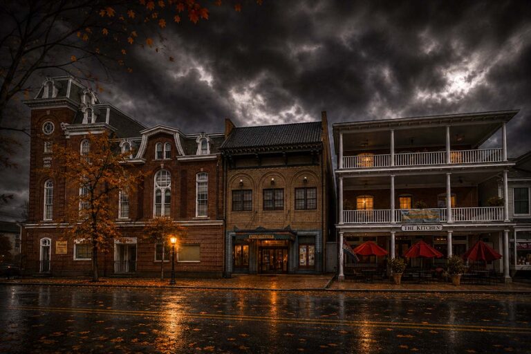 Historic Chestertown Maryland in a spooky fall setting with a dark sky and dramatic lighting.