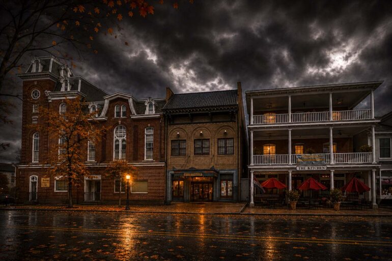 Historic Chestertown Maryland in a spooky fall setting with a dark sky and dramatic lighting.
