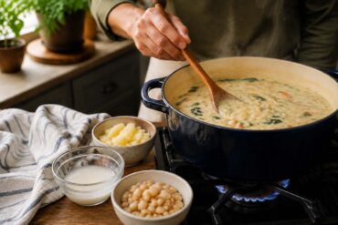 A home cook stirs a pot of soup on the stove while preparing it without cream. Nearby are the substitute ingredients in small bowls: a cornstarch slurry, diced potato, canned white beans, rice, rolled oats, silken tofu, canned coconut milk, and egg yolks, illustrating practical ways to thicken soup without cream in a bright, natural kitchen.