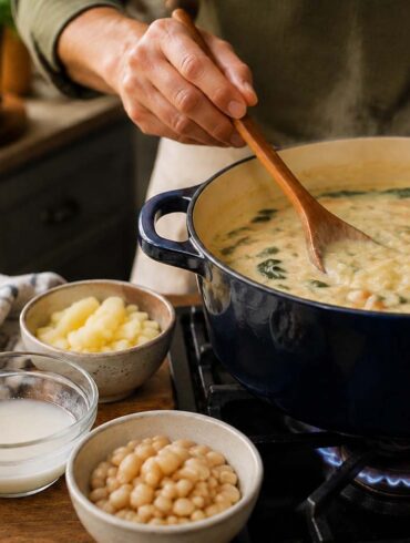 A home cook stirs a pot of soup on the stove while preparing it without cream. Nearby are the substitute ingredients in small bowls: a cornstarch slurry, diced potato, canned white beans, rice, rolled oats, silken tofu, canned coconut milk, and egg yolks, illustrating practical ways to thicken soup without cream in a bright, natural kitchen.
