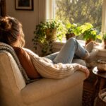 A person with their face turned away relaxes in a beige armchair beside a large sunlit window, wearing a chunky cream sweater, jeans, and cozy socks. Their legs are comfortably stretched toward the window, which is lined with potted green plants. A wooden side table holds a ceramic mug and closed book, while a patterned throw, woven blanket basket, and bookshelf add warmth to the inviting, lived-in reading nook.