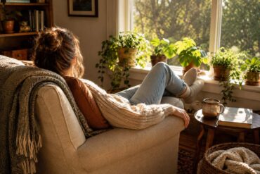 A person with their face turned away relaxes in a beige armchair beside a large sunlit window, wearing a chunky cream sweater, jeans, and cozy socks. Their legs are comfortably stretched toward the window, which is lined with potted green plants. A wooden side table holds a ceramic mug and closed book, while a patterned throw, woven blanket basket, and bookshelf add warmth to the inviting, lived-in reading nook.
