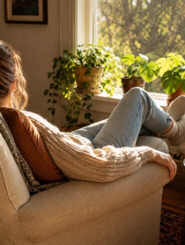 A person with their face turned away relaxes in a beige armchair beside a large sunlit window, wearing a chunky cream sweater, jeans, and cozy socks. Their legs are comfortably stretched toward the window, which is lined with potted green plants. A wooden side table holds a ceramic mug and closed book, while a patterned throw, woven blanket basket, and bookshelf add warmth to the inviting, lived-in reading nook.