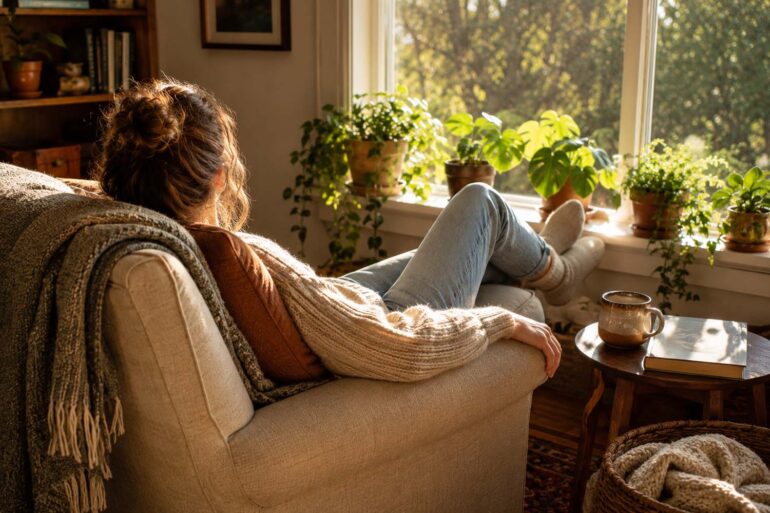 A person with their face turned away relaxes in a beige armchair beside a large sunlit window, wearing a chunky cream sweater, jeans, and cozy socks. Their legs are comfortably stretched toward the window, which is lined with potted green plants. A wooden side table holds a ceramic mug and closed book, while a patterned throw, woven blanket basket, and bookshelf add warmth to the inviting, lived-in reading nook.