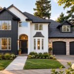A modern two-story home with charcoal and white siding, stone accents, dark garage doors, landscaped flower beds, and a paved walkway leading to the front door, photographed in warm evening light.
