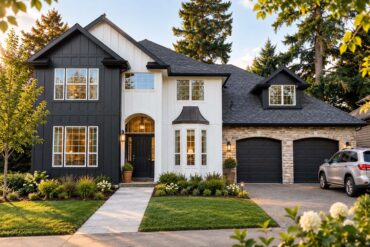 A modern two-story home with charcoal and white siding, stone accents, dark garage doors, landscaped flower beds, and a paved walkway leading to the front door, photographed in warm evening light.