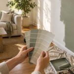 A person compares neutral and sage green paint swatches against a partially painted living room wall, with a sofa, plant, paint tray, and drop cloth visible in the background.