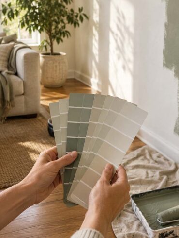 A person compares neutral and sage green paint swatches against a partially painted living room wall, with a sofa, plant, paint tray, and drop cloth visible in the background.