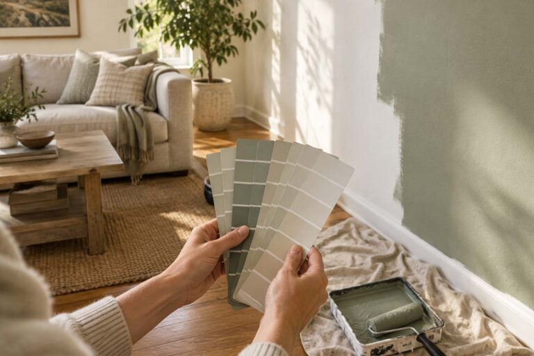 A person compares neutral and sage green paint swatches against a partially painted living room wall, with a sofa, plant, paint tray, and drop cloth visible in the background.
