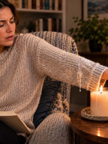 Woman reaching for a glass of water while reading beside lit candles, with melted candle wax dripping onto the sleeve of her cream knit sweater in a cozy living room.