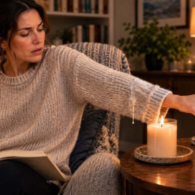 Woman reaching for a glass of water while reading beside lit candles, with melted candle wax dripping onto the sleeve of her cream knit sweater in a cozy living room.