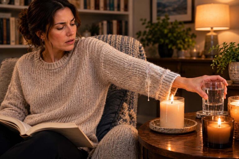 Woman reaching for a glass of water while reading beside lit candles, with melted candle wax dripping onto the sleeve of her cream knit sweater in a cozy living room.