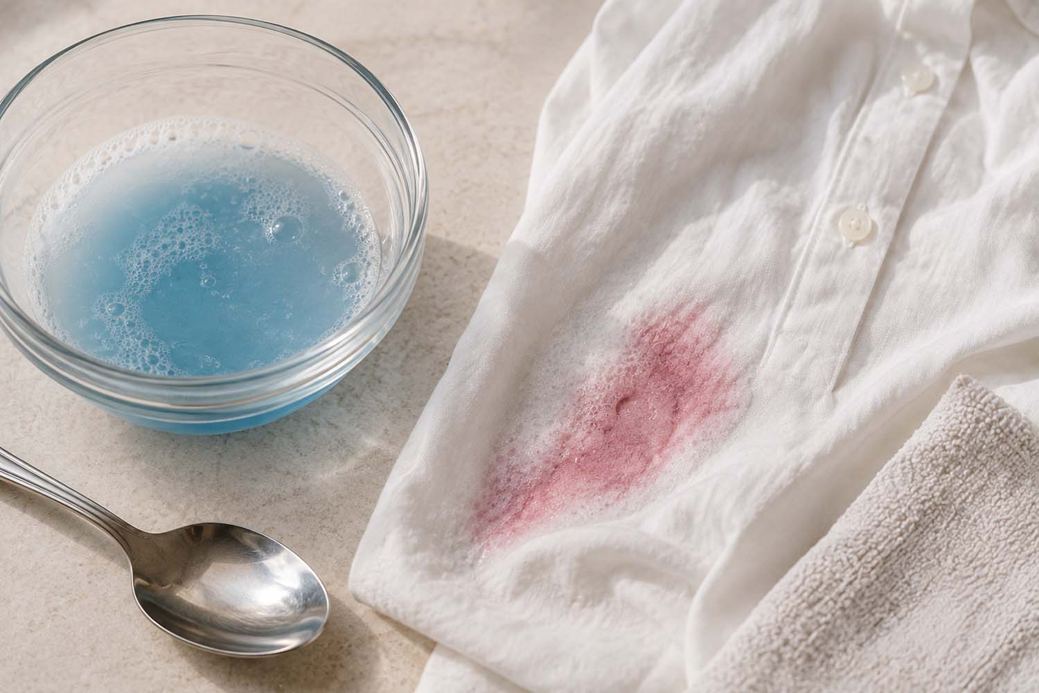 A small glass bowl mixing hydrogen peroxide and blue dish soap on a light countertop, a spoon resting beside it, a white cotton shirt with a fading pink-red wine stain laid nearby mid-treatment