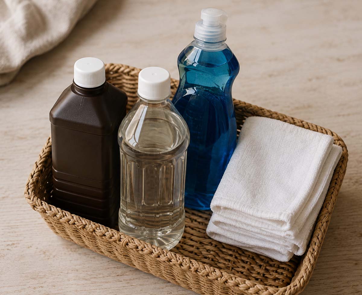 a bottle of hydrogen peroxide, a bottle of white vinegar, a bottle of blue Dawn dish soap, and a small stack of clean white cloths, neatly arranged in a small basket on a light wood surface