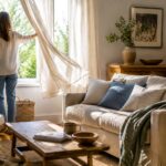 A woman seen from behind opens a large window in a bright, lived-in living room as a sheer white curtain billows in the fresh air. Sunlight fills the room, which features a neutral sofa with textured throws and pillows, a wooden coffee table with books and a mug, potted plants, a woven basket, and warm natural wood furnishings.