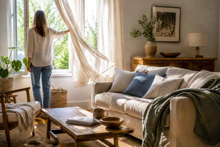 A woman seen from behind opens a large window in a bright, lived-in living room as a sheer white curtain billows in the fresh air. Sunlight fills the room, which features a neutral sofa with textured throws and pillows, a wooden coffee table with books and a mug, potted plants, a woven basket, and warm natural wood furnishings.