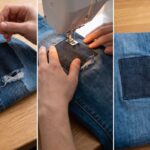a three panel image of a person patching blue jeans with a durable patch on the knee