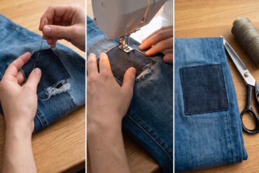 a three panel image of a person patching blue jeans with a durable patch on the knee